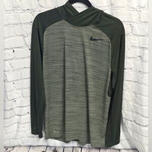 Nike Men's Olive and Gray Long Sleeve Hooded Dri Fit Tee, Sz L